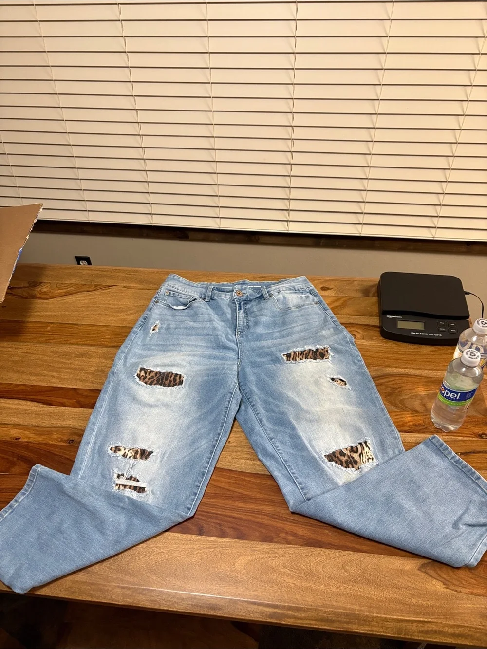 Light Wash Boyfriend Jeans with Leopard Patch Accents